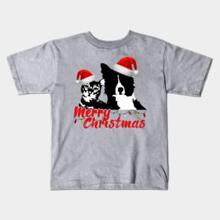 Merry Christmas Cat and Dog Lovers with Santa Claus Hat Kids T-Shirt